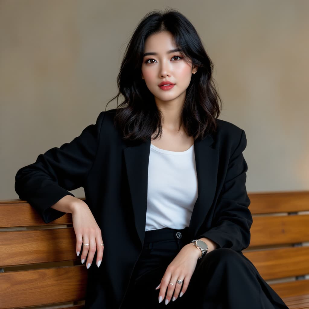AI generated: A confident Korean woman sits casually on a wooden bench, leaning slightly to her left with her left...