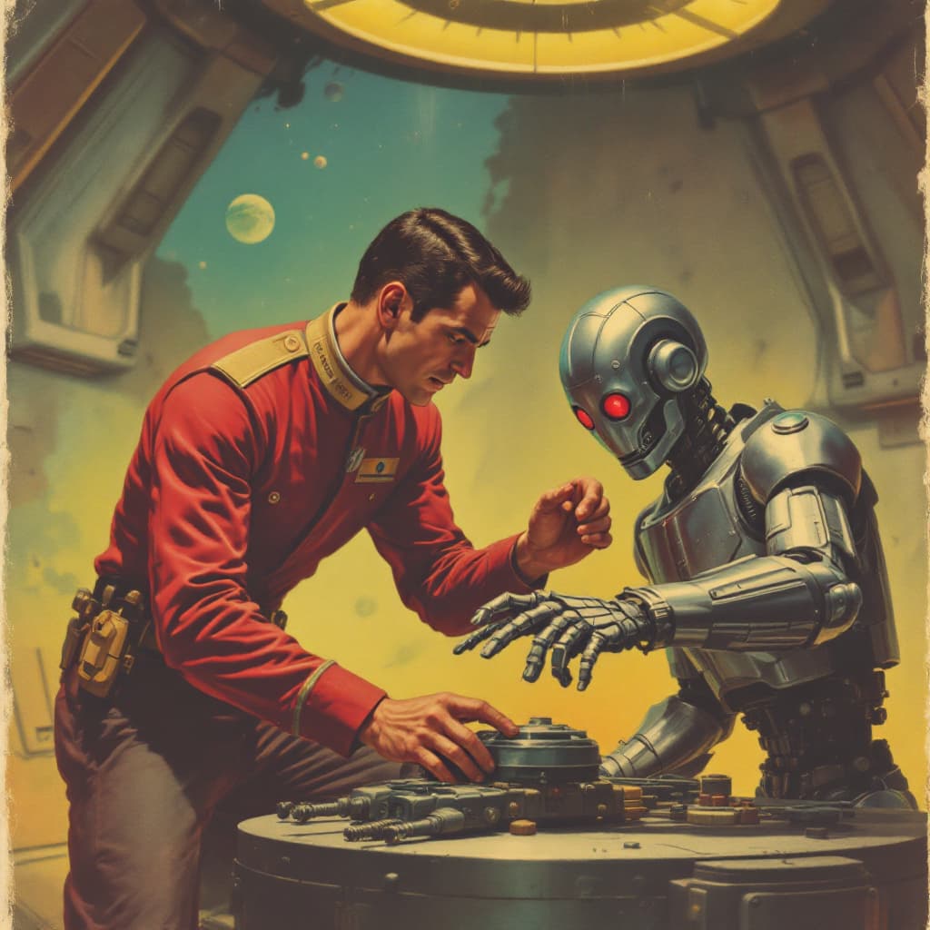 AI generated: A vintage pulp cover showing twoo men fixing a robot, with one man wearing a red and grey uniform an...