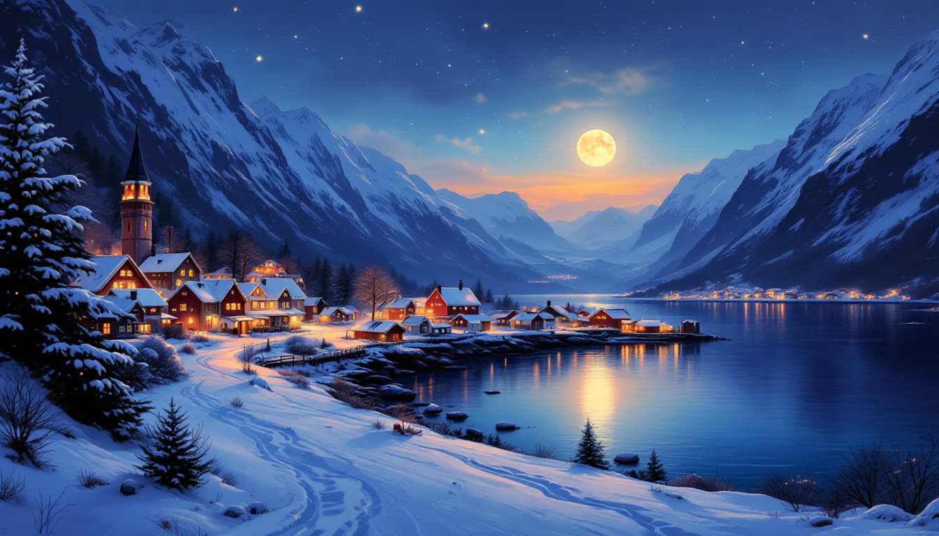 AI generated:  Paysage et village norvégiens, saison de Noël, peinture d’art numérique créative, avec de beaux dét...
