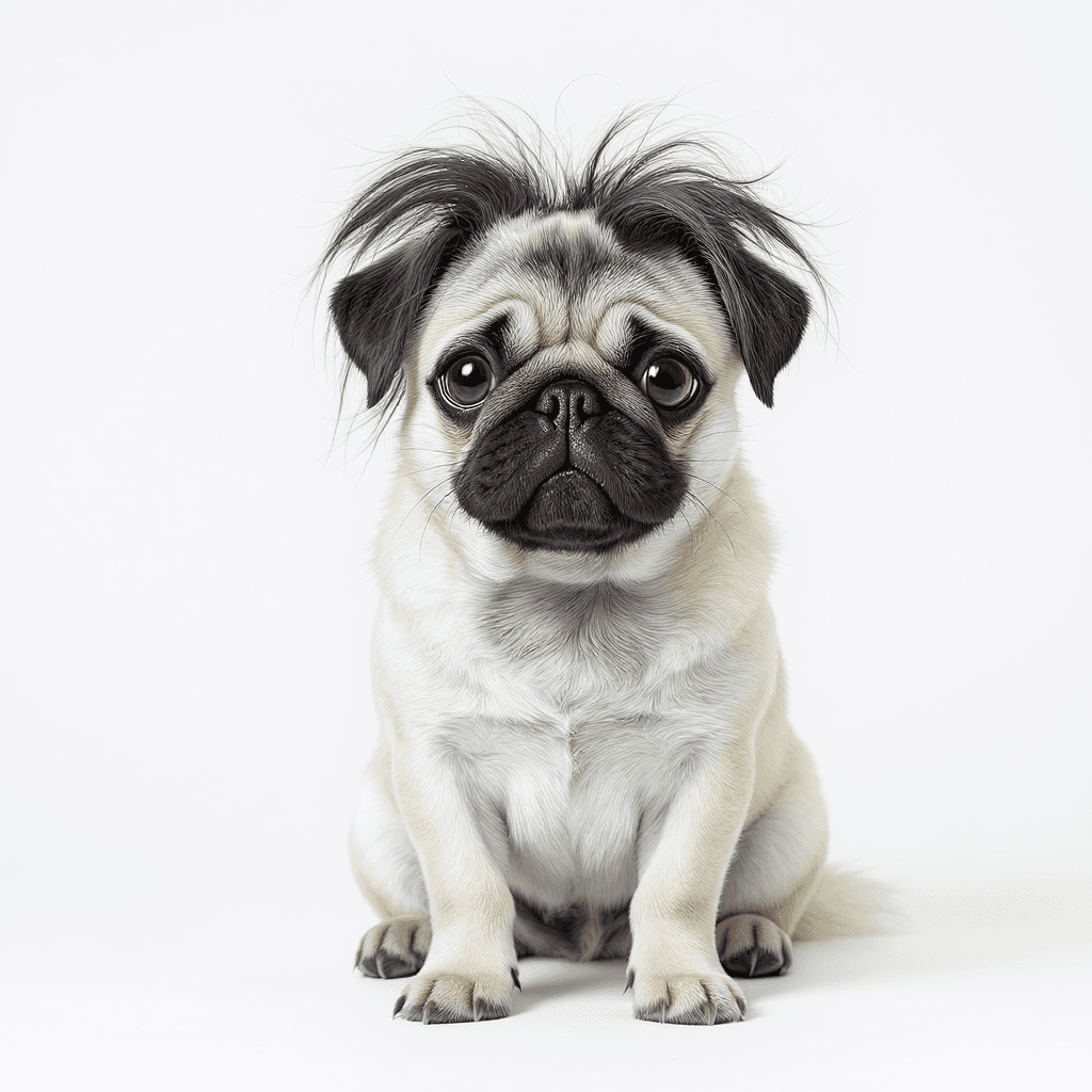 AI generated: Black and white pug, sitting, shaggy fur, cartoon style, expressive, whimsical,  medium shot,  detai...