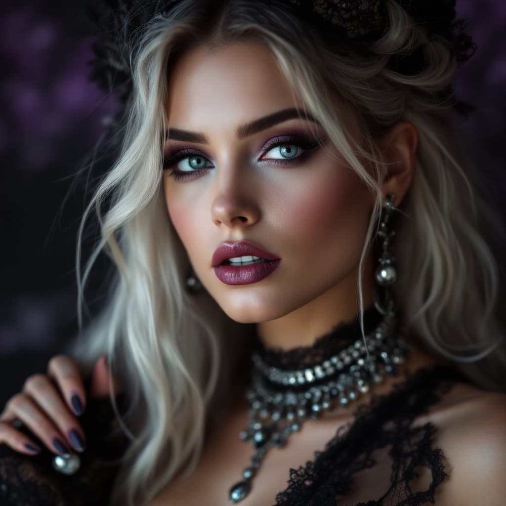 AI generated: This glamour photo taken from the session showcases a close-up of a beautiful goth woman with long h...