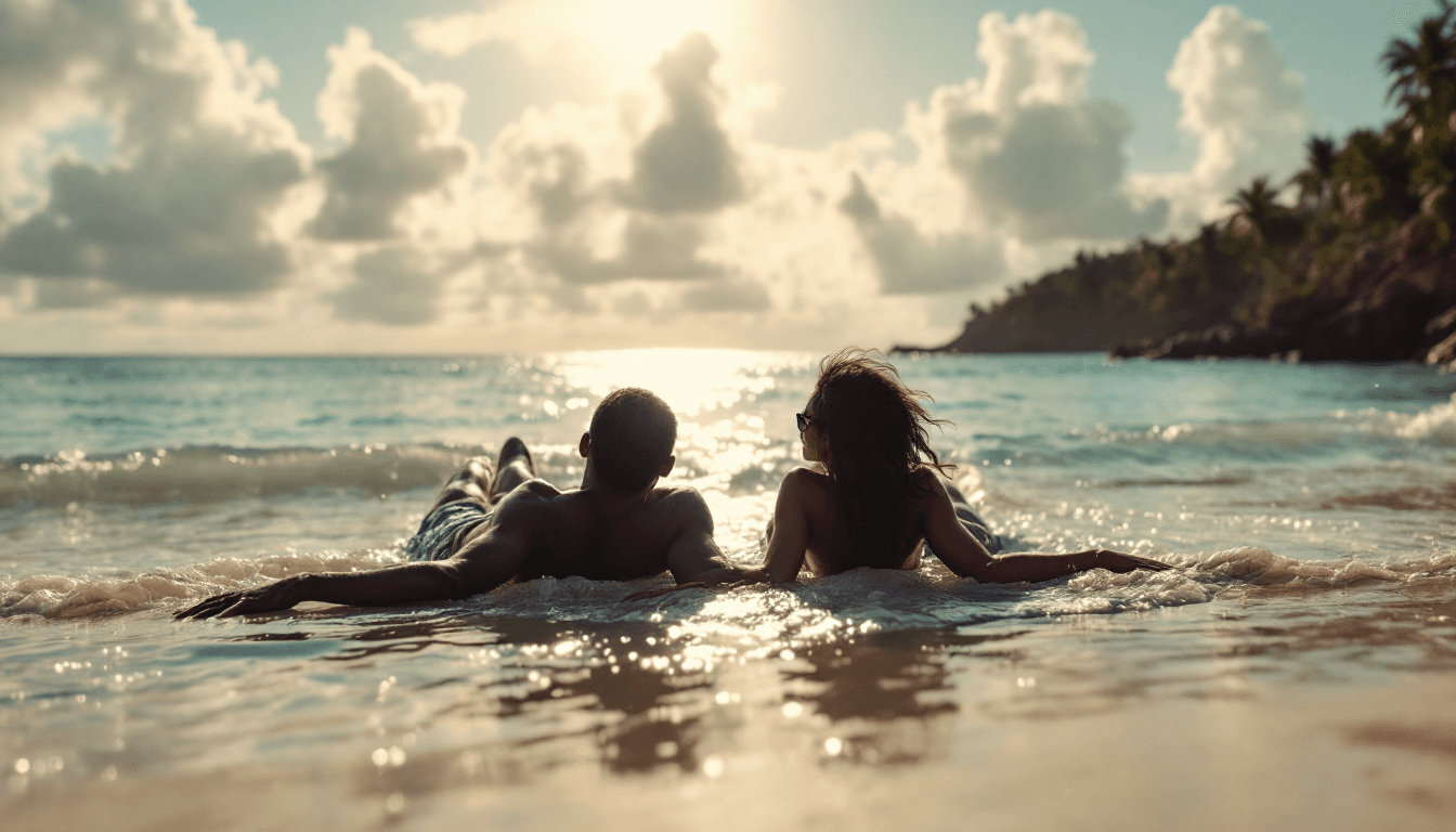 AI generated: Black silhouettes of two men and two women lying down in a tropical beach, summer, hyper-realistic, ...
