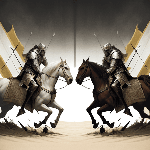AI generated: two kings facing each other in the middle of battle using swords, horses and arrows, a large army be...