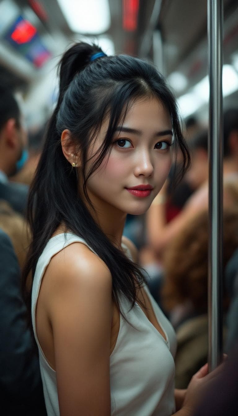 AI generated: An asian woman, 23 years old, black hair tied in a ponytail , wearing a white sleeveless shirt , ins...