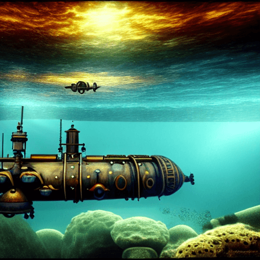 AI generated: a fractal underwater landscape with a steampunk submarine
