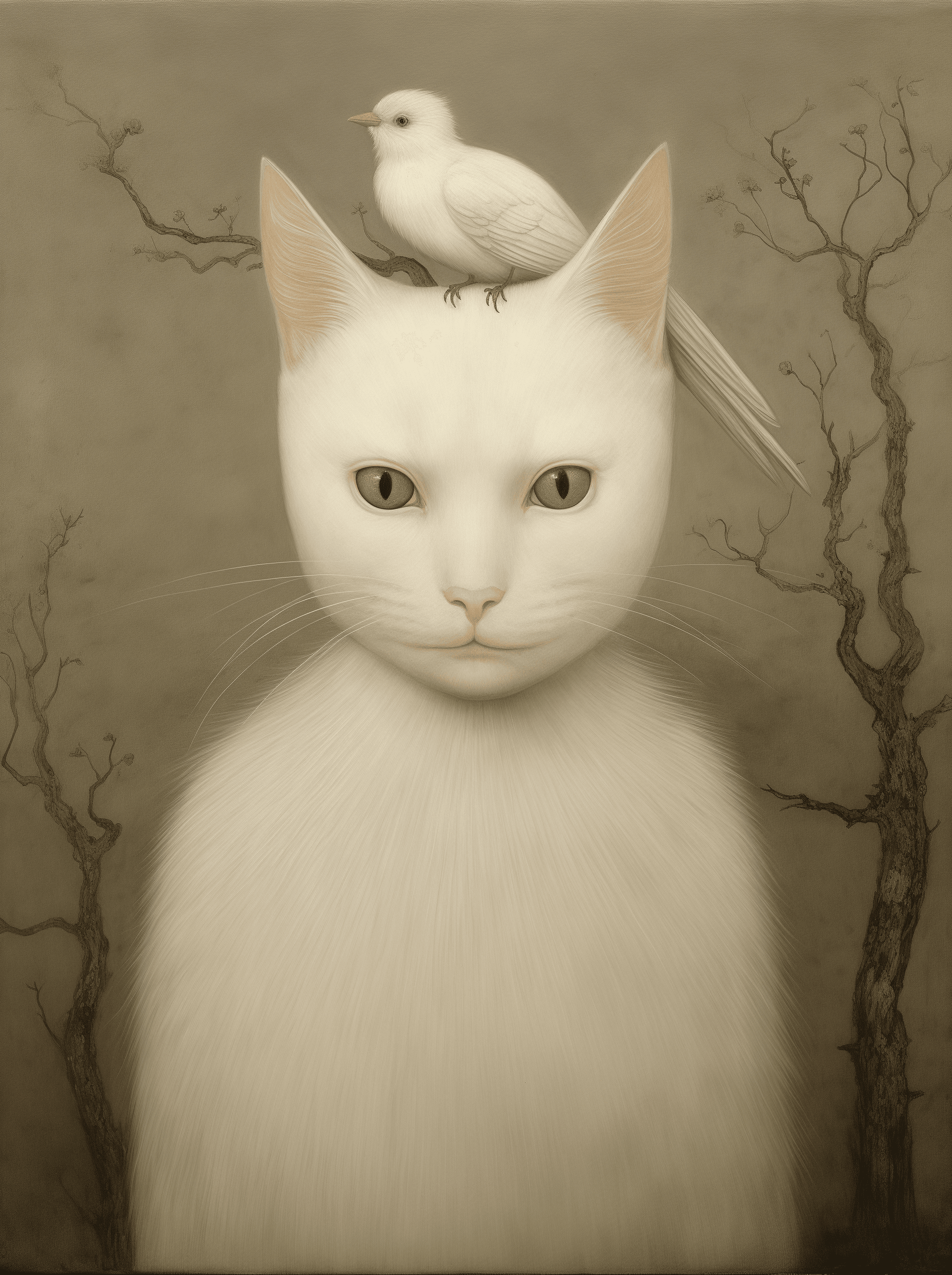 AI generated: A mysterious creature with an elongated neck and cat-like ears, accompanied by two white birds on it...
