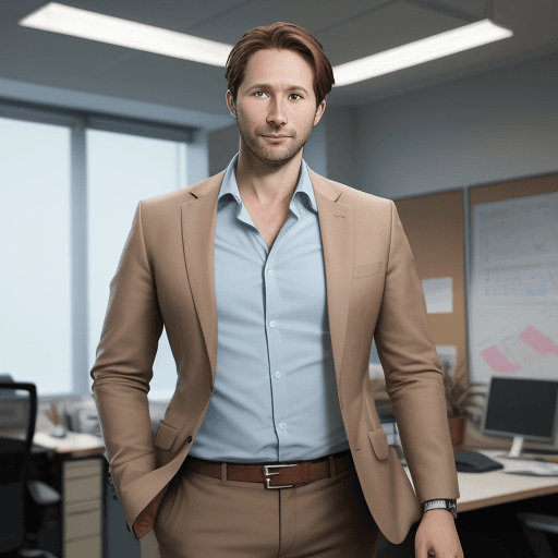 AI generated: Hyper realistic photo of a 37 yo Canadian man, russian origin, brown hair, in casual suit in an offi...