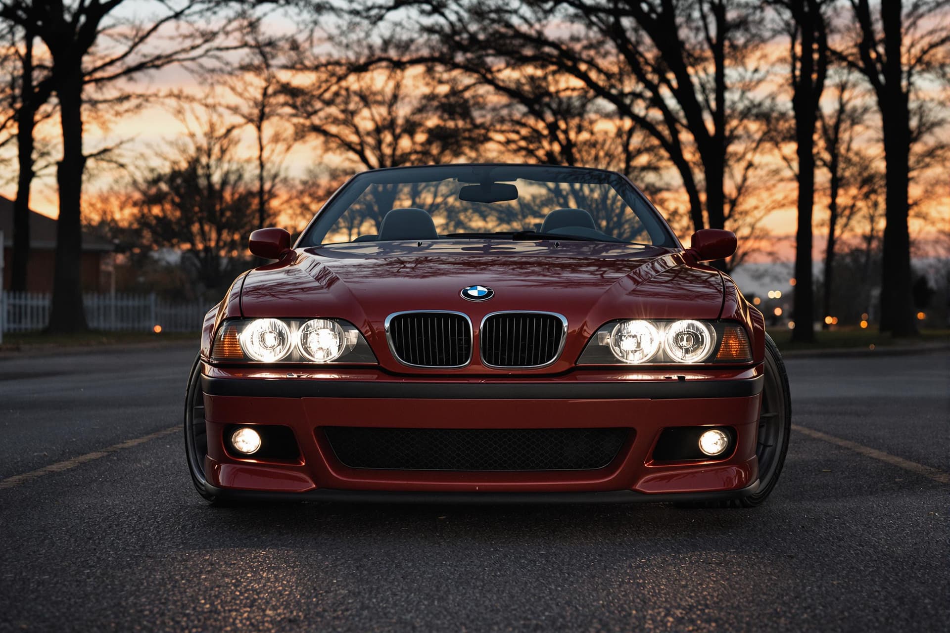 AI generated: dark red bmw e39 M5 convertible, lit angel eyes, cinematic, hyper realism, high detail, 8k, front 3/...