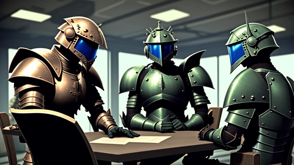 AI generated: Armoured warriors discussing in a secret lab

