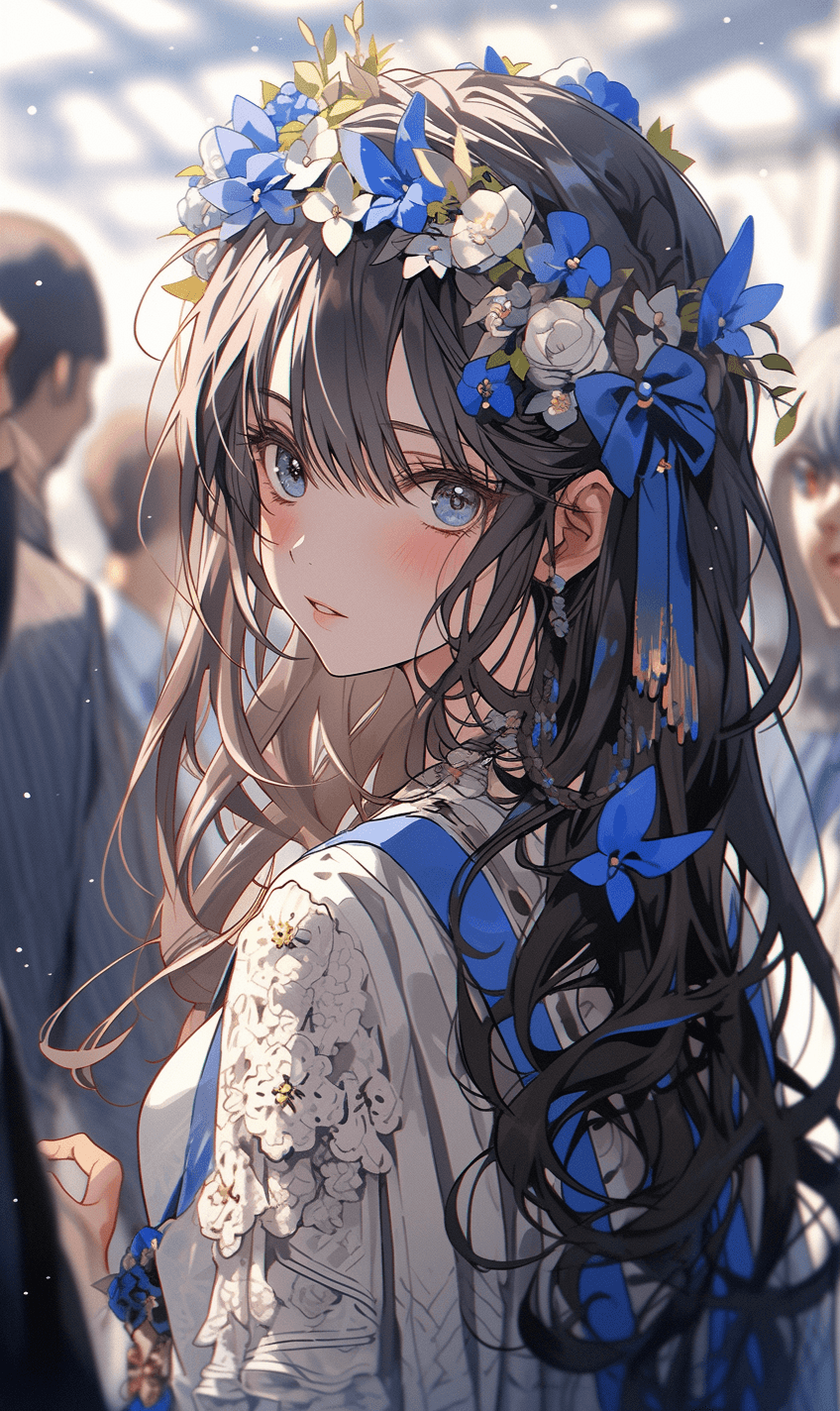 AI generated: the wallpaper shows a woman wearing and flower crown, in the style of anime aesthetic, detailed comi...