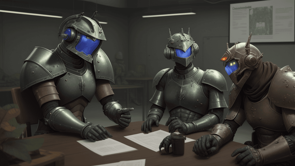 AI generated: Armoured warriors discussing in a secret lab, human eyes

