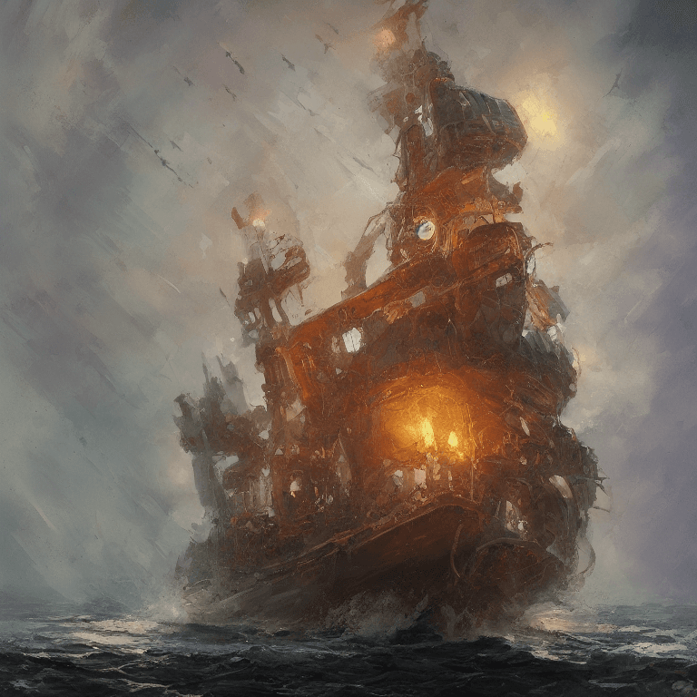 AI generated: oil painting with heavy impasto of a pirate ship and its captain, cosmic horror painting, elegant in...