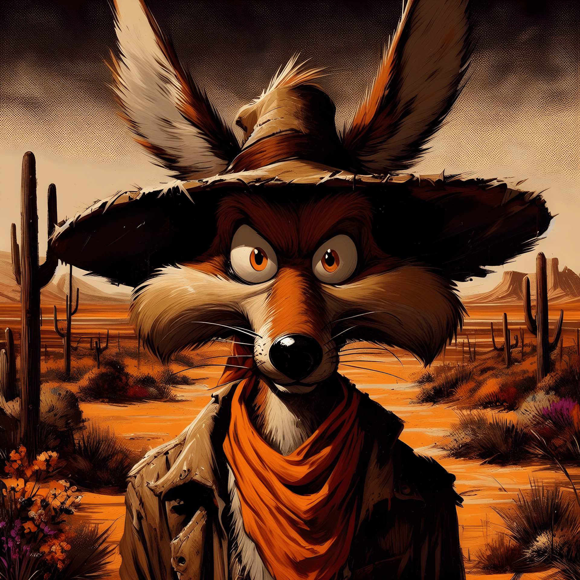 AI generated: Wile E. Coyote, Digital painting, Modern era, Saturation with contrasting shades of browns, tans, or...