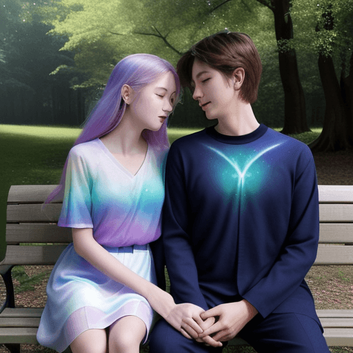 AI generated:  color photo of a couple represented by ethereal auras, showcasing their love, sitting on a bench in...