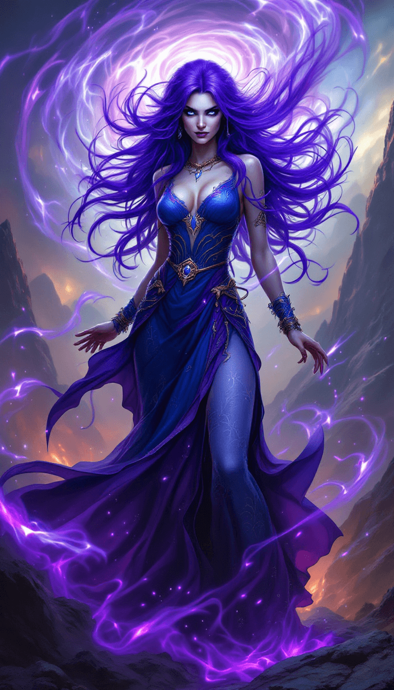 AI generated: A powerful sorceress with long, vibrant violet hair, swirling around her head. Her eyes are piercing...