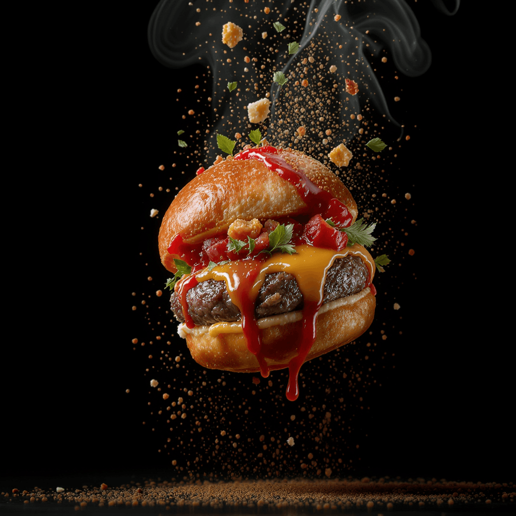 AI generated: A mouth-watering [food item] captured flying mid-air in a dramatic 1:1 frame — each ingredient suspe...