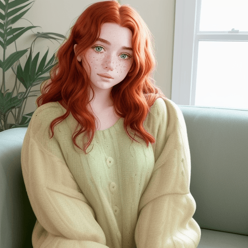AI generated: A cute influencer girl with slightly red hair, styled in loose waves, and dark green eyes. Her face ...