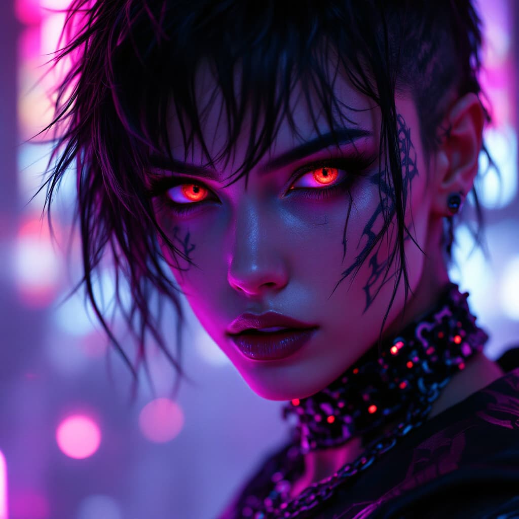 AI generated: A stunning close-up portrait of a mysterious cyberpunk warrior woman with glowing brown an grey eyes...