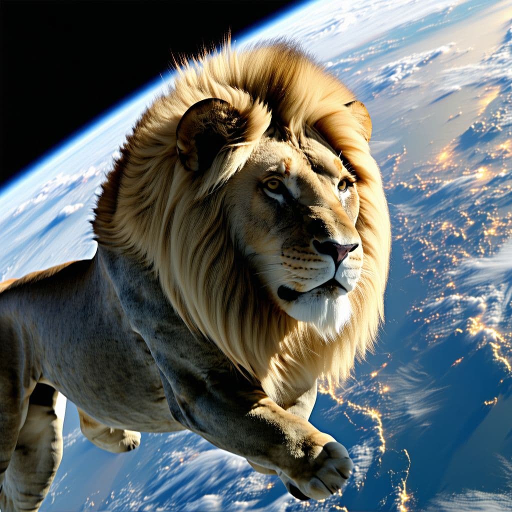 AI generated: 3d photorealistic photo,  image of a lion on space in nasa