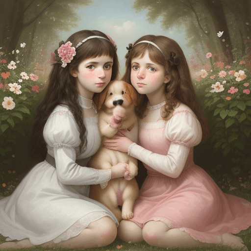 AI generated:  A love portrait between two girls with flowers and have puppies