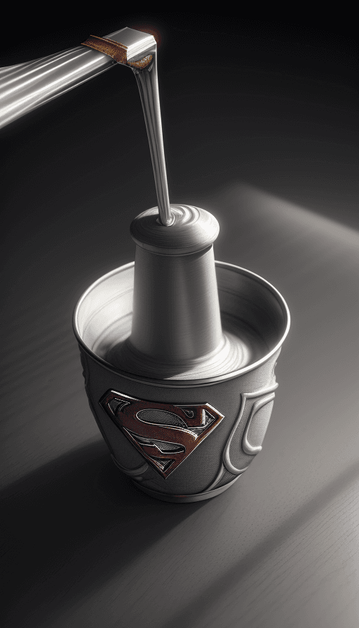 AI generated: Cup on the table with the design and character of Superman The Cup is gold and Grey dark, no waterma...