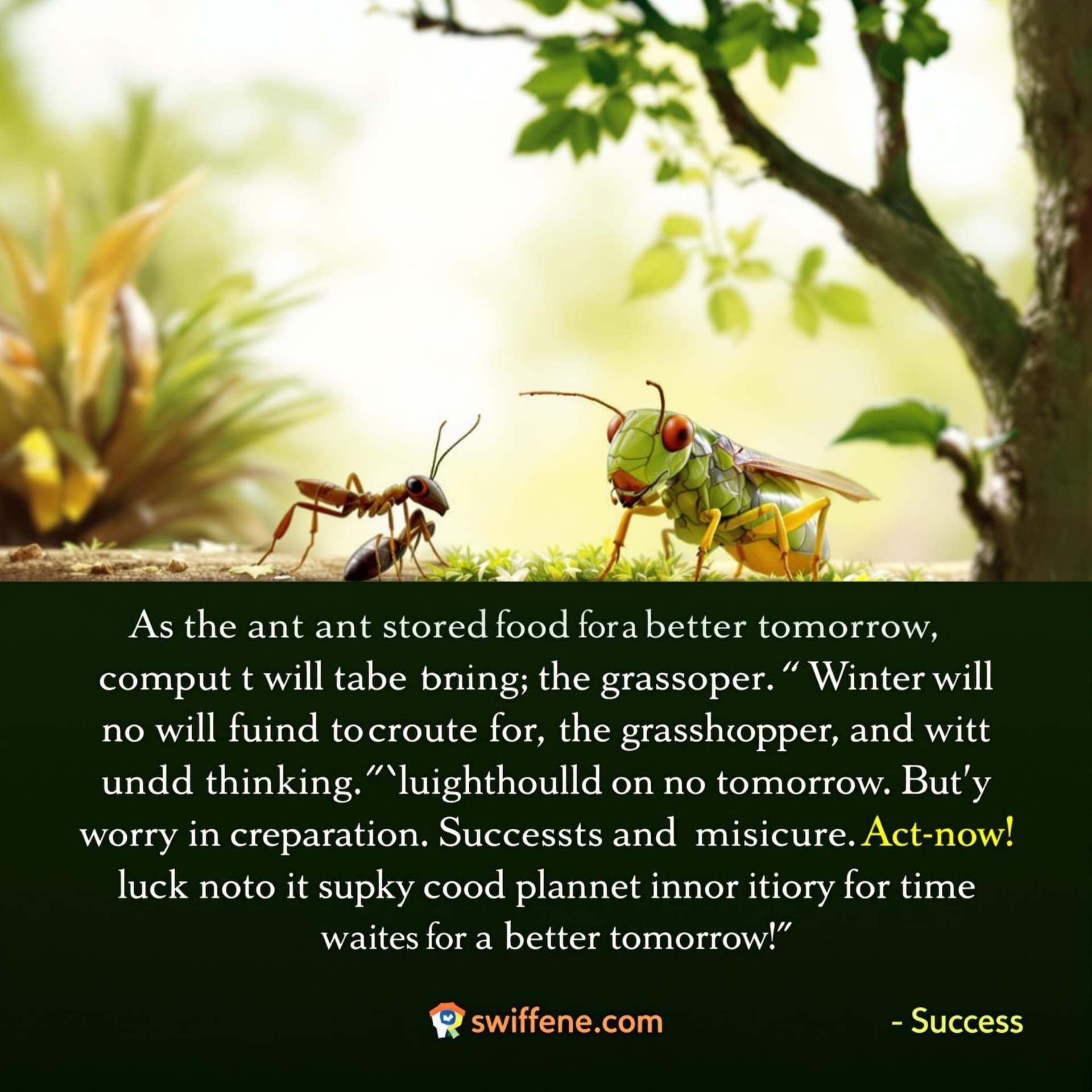 AI generated: As the diligent ant stored food for the winter, he warned the carefree grasshopper: "Winter is comin...