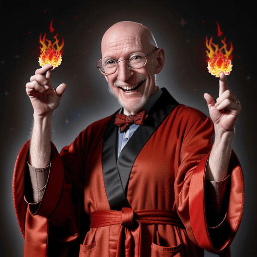 AI generated: professor  Farnsworth, realistic, dressed in red robes covered in mystic symbols stars and moons, ba...