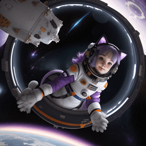 AI generated:  Stunning girl with purple hair surrounded by cats of various colors and sizes on a space station. G...
