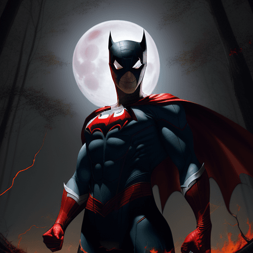 AI generated: 
we are seeing a white skin vampire man like superhero, in a red and blue sleeveless superhero type ...