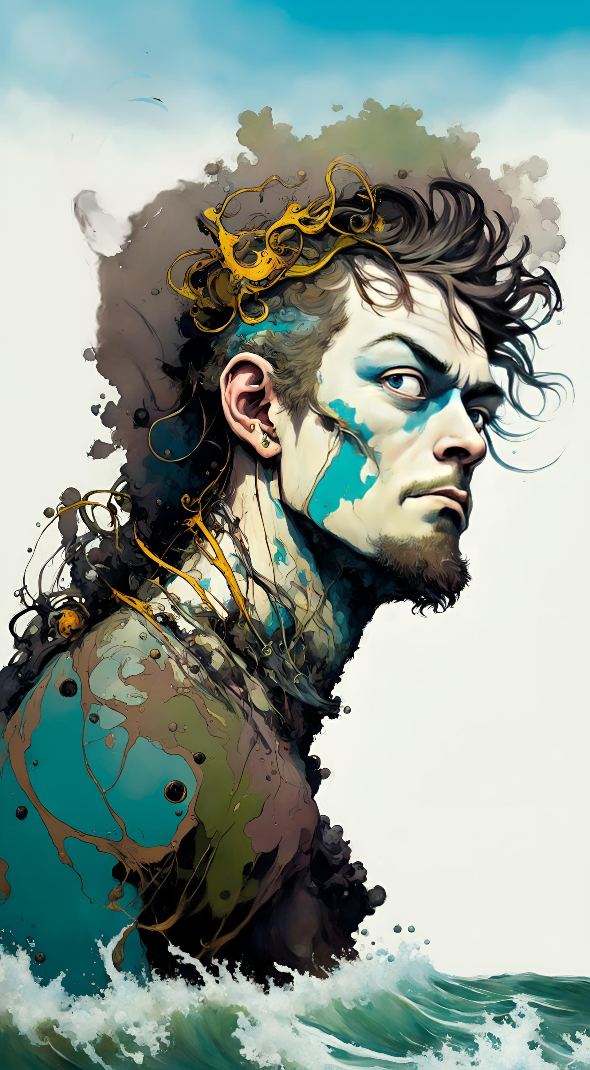 AI generated: Inpunk art by Gustave Moreau, Thomas Kinkade, James Gurney, Frank Frazetta, Mr Nimbus Ocean Man. oil...