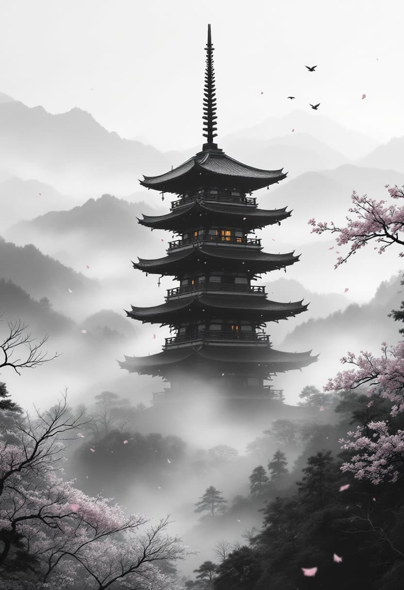 AI generated: Traditional Japanese pagoda standing tall in a foggy mountain valley, centered mid-range view. leave...