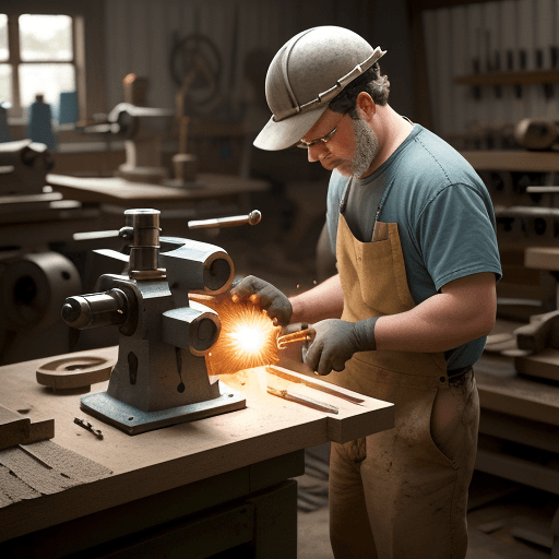 AI generated: a worker sharpens parts on a lathe