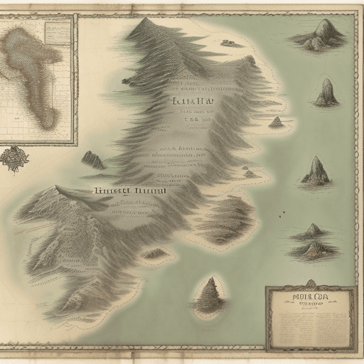 AI generated: An old map showing a large main land. Three islands of different sizes east of the main land in the ...