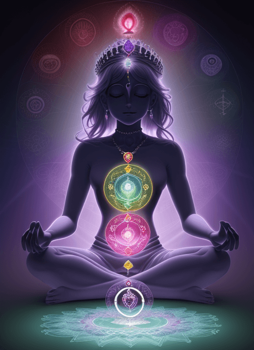 AI generated: The chakras should be aligned vertically, starting from the root chakra at the base and ending with ...