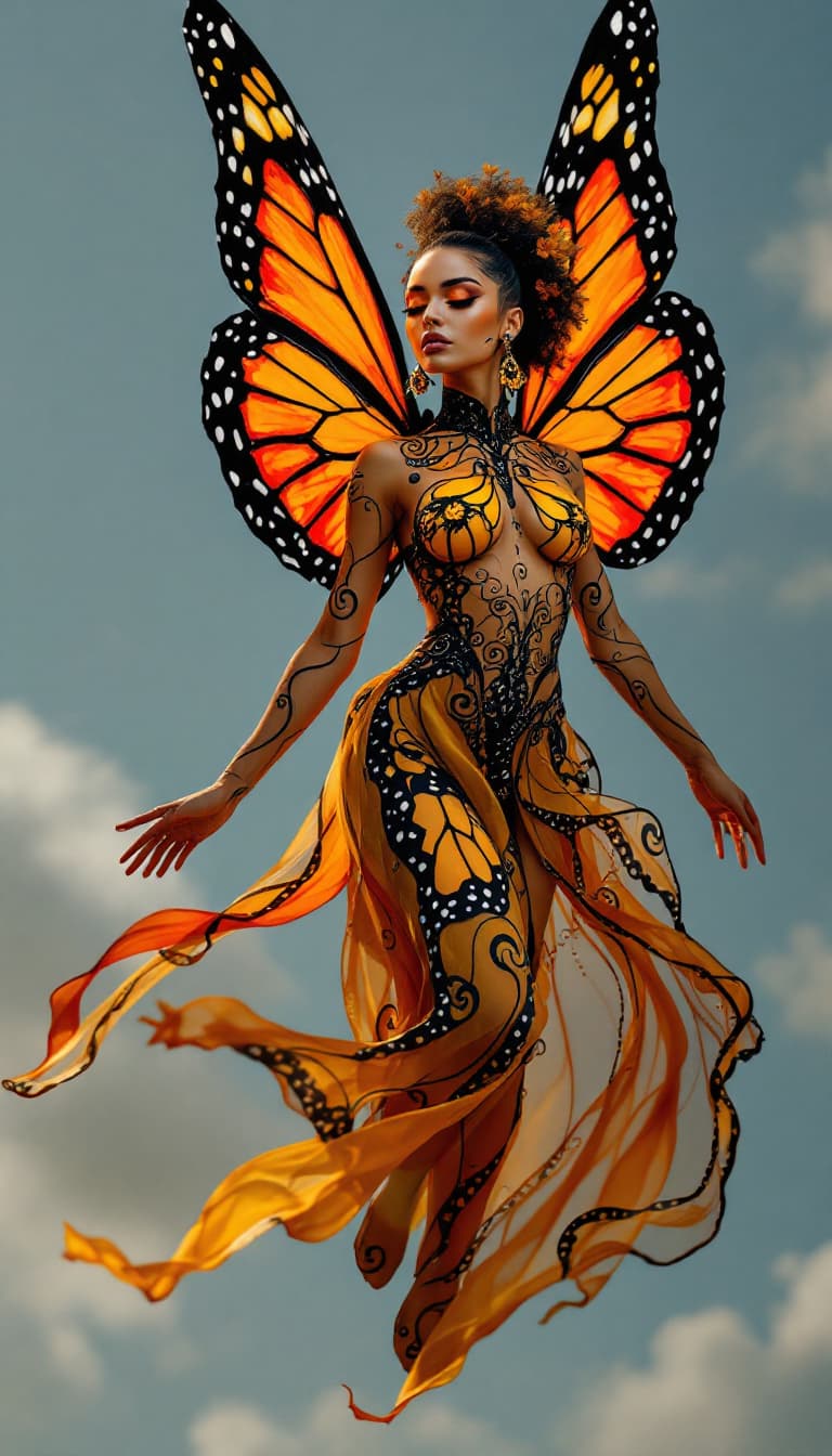 AI generated: An ultra-realistic, full-length attractive woman who seems to glide effortlessly through the air, de...