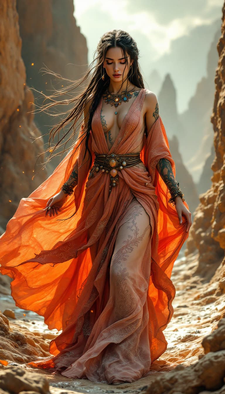 AI generated: An ultra-realistic, full-body action shot of a mesmerizing coral geomancer woman, exuding natural po...
