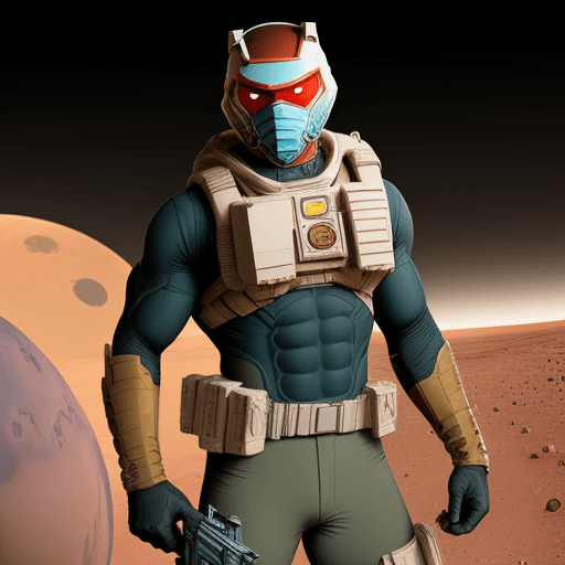 AI generated: big masculine  hero  with mask on mars with gun