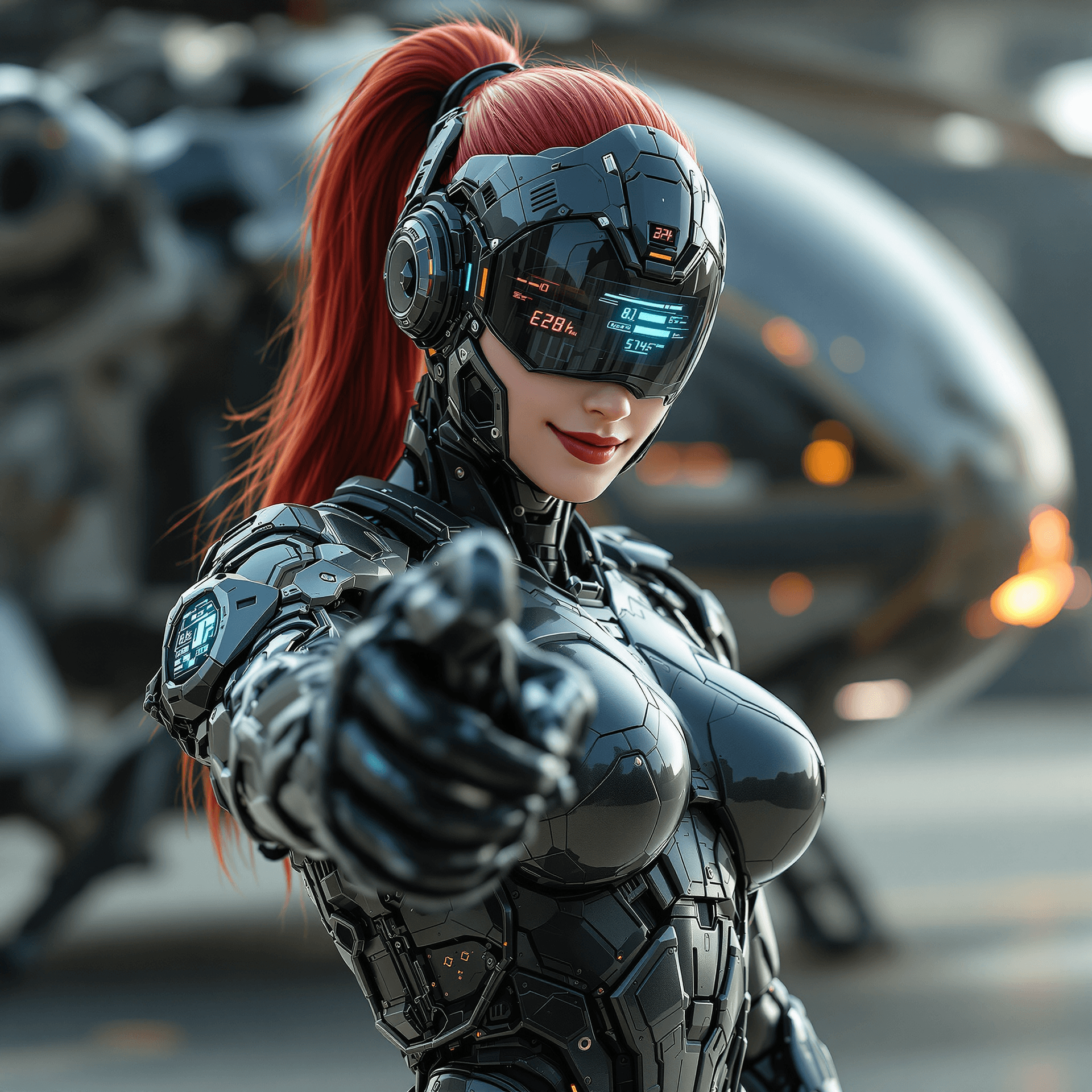 AI generated: standing infront of futuristic helicopter , Cyberpunk humanoid robot female, red pony hair, cybernet...