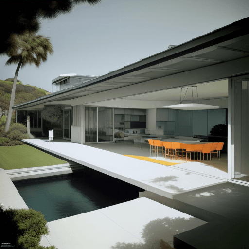 AI generated: Hyper realistic eye level exterior photo of a mid century modern style house overlooking the ocean, ...