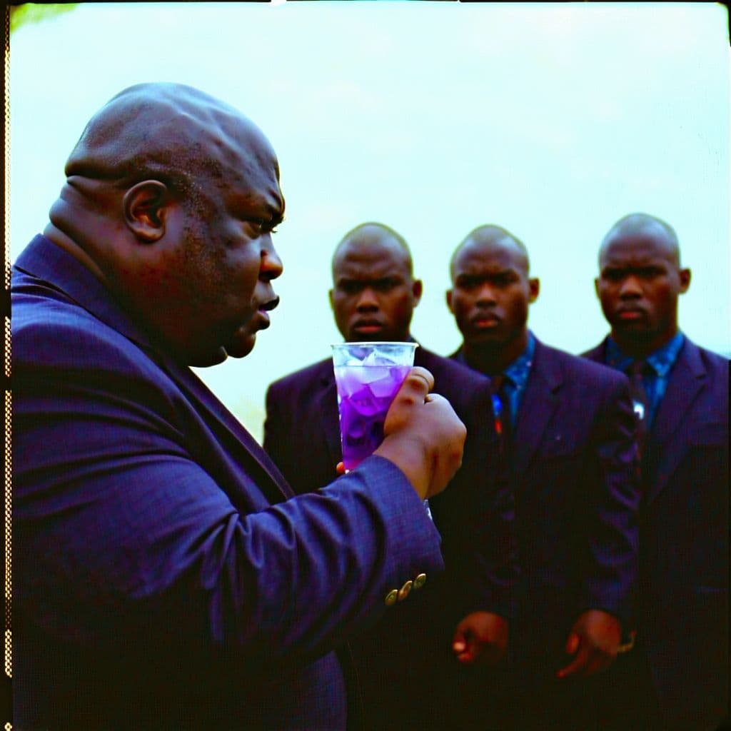 AI generated: grainy 80's photograph quality polaroid of firing squad shooting a big fat bald fearful black man wi...