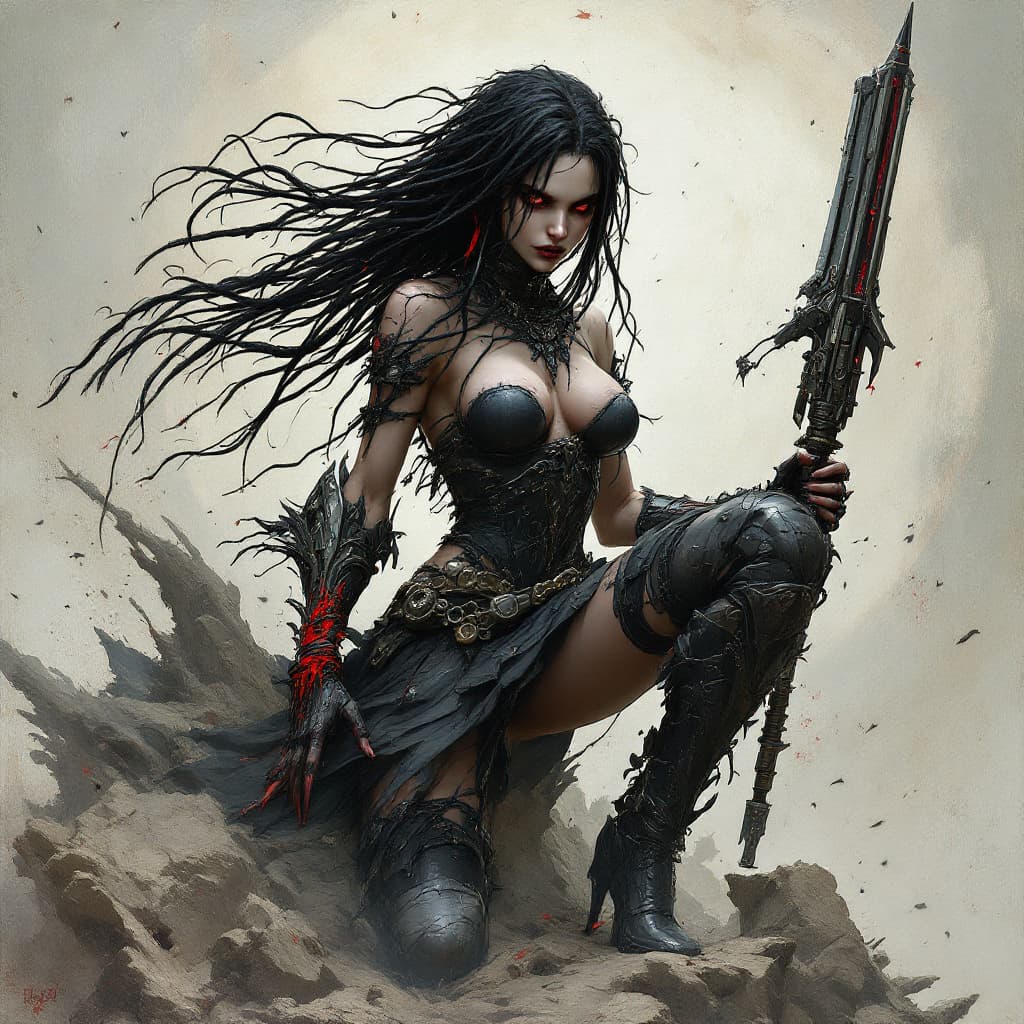 AI generated: Female vampire chaos space marine, holding a weapon, long black dreads, in the style of gritty horro...
