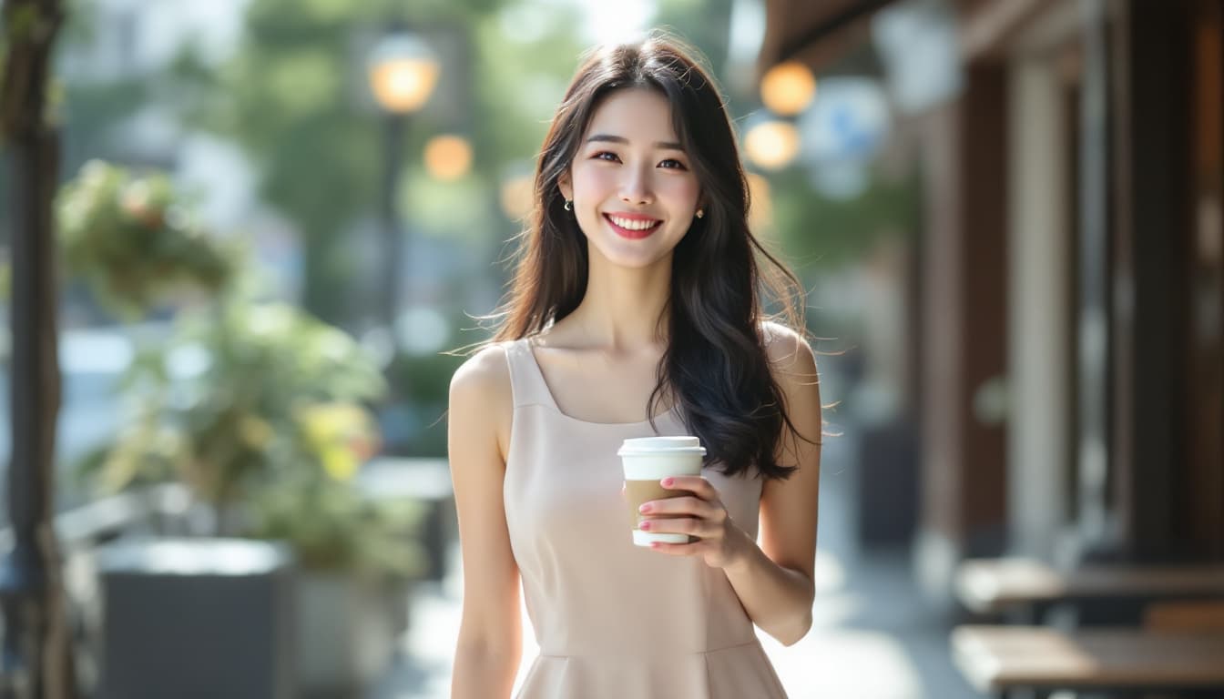 AI generated: Full body photo of Risa, a Japanese girl, wearing a sleeveless dress, smiling face, black brown long...