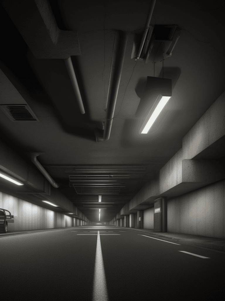 AI generated: Photo of a ultra realistic, endless underground parking lot, 4K, horror, cinema lightning