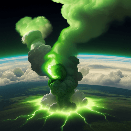 AI generated: clouds made of green flame with earth in background

