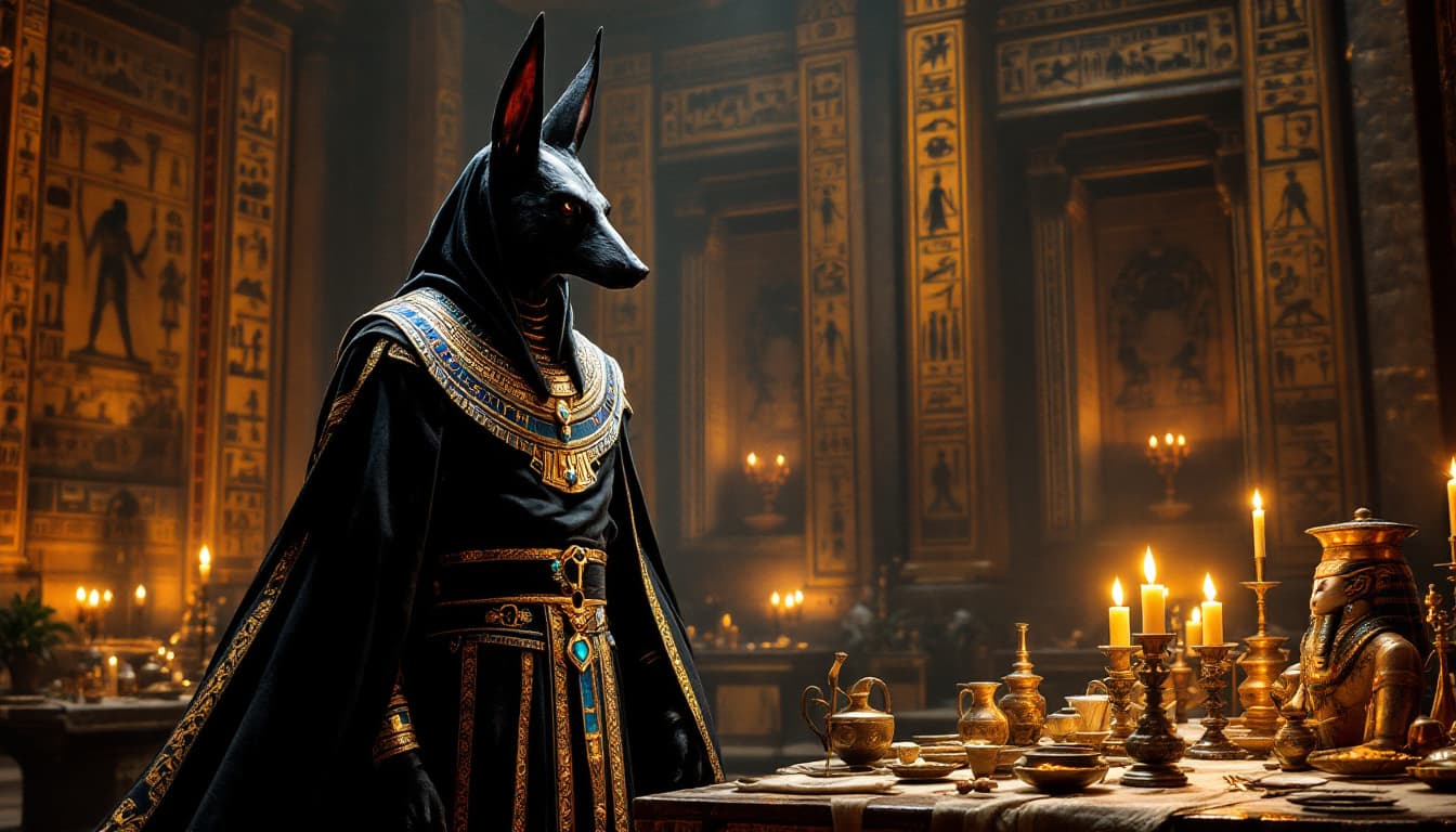 AI generated: Anubis, the jackal-headed deity, stands with a commanding presence in the sacred mummification chamb...