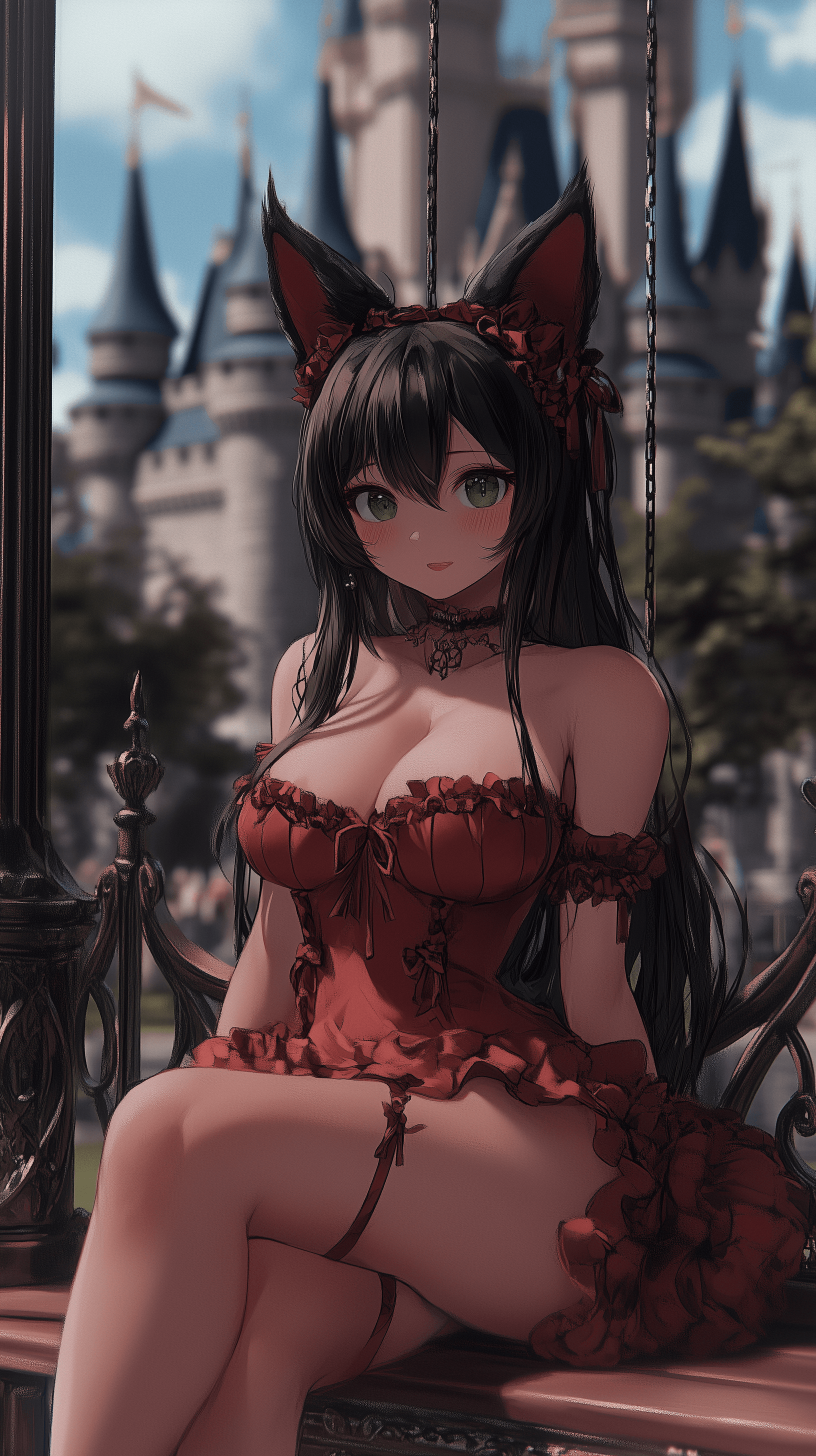 AI generated: Masterpiece, the best quality, high-res, cat ears, black hair, castle background, green eyes, sittin...