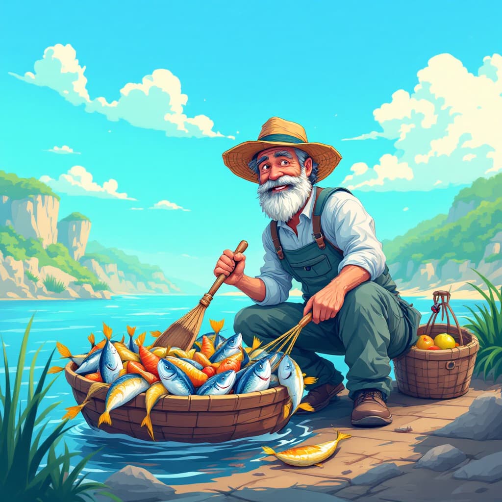 AI generated: Harvest the fish catch, cartoon style, fisherman, on the sea