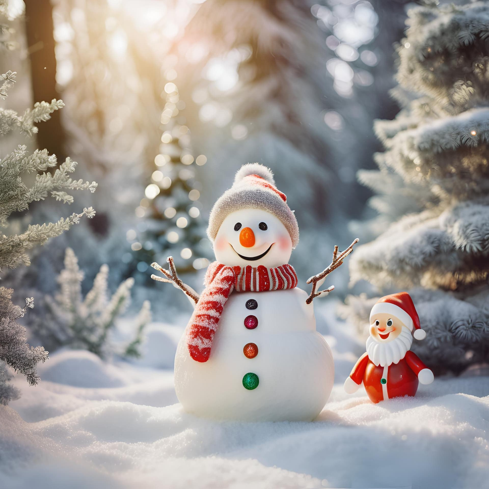 AI generated: smiling snowman in the enchanted forest with santa claus doll