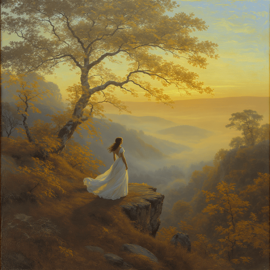 AI generated: A solitary woman standing at the edge of a cliff at golden hour, her long dress billowing in the win...