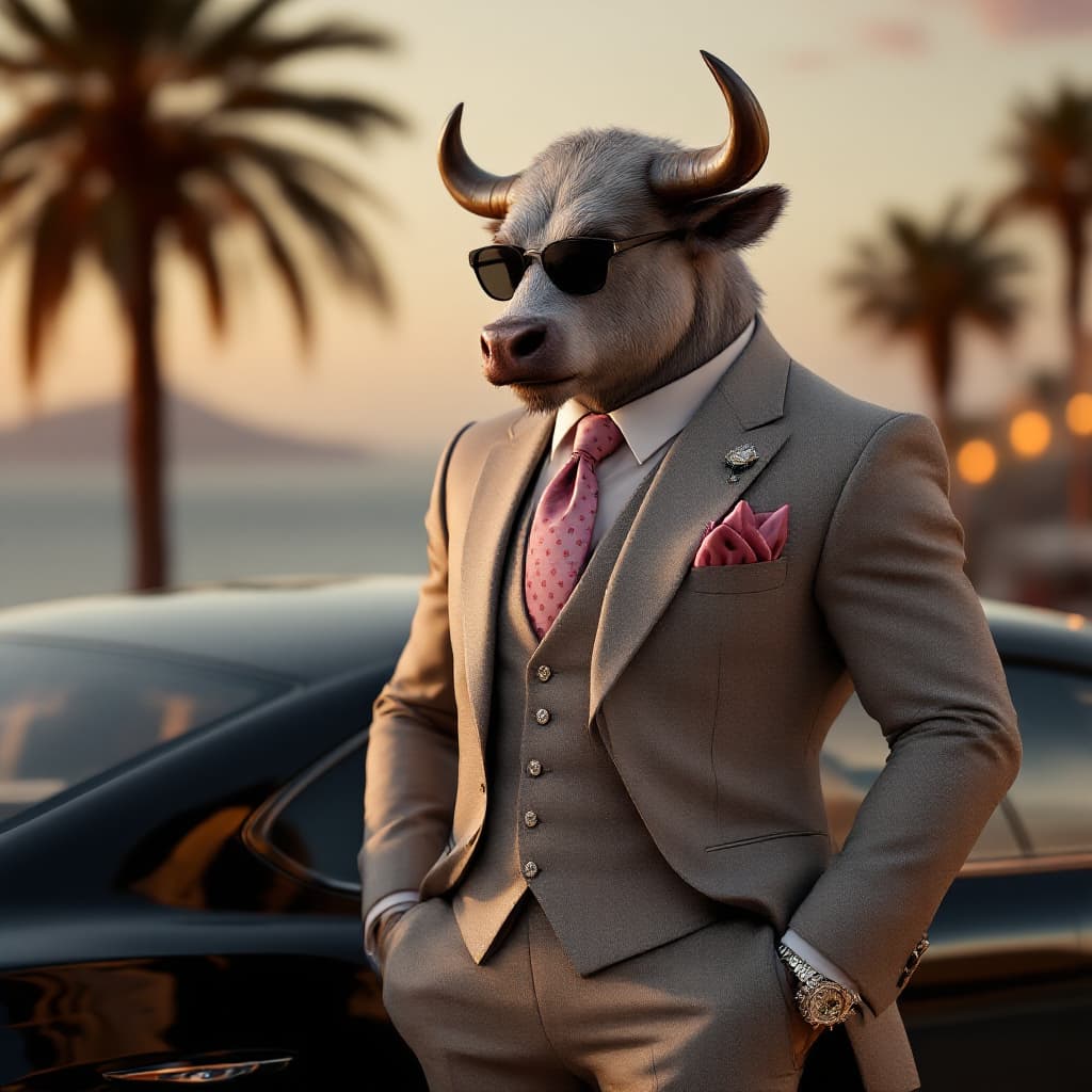 AI generated: 3d cgi anthropomorphic hyper-realistic gray bull dressed in an exquisitely tailored suit, vest, silv...